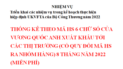 THỐNG KÊ THEO MÃ HS 6 CHỮ SỐ CỦA VƯƠNG QUỐC ANH XUẤT KHẨU TỚI CÁC THỊ TRƯỜNG (CÓ QUY ĐỔI MÃ HS RA NHÓM HÀNG) 8 THÁNG NĂM 2022 (MIỄN PHÍ)