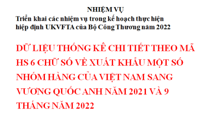 Dữ liệu thống kê chi tiết theo mã HS 6 chữ số về xuất khẩu một số nhóm hàng của việt nam sang vương quốc anh năm 2021 và 9 tháng năm 2022  (miễn phí)